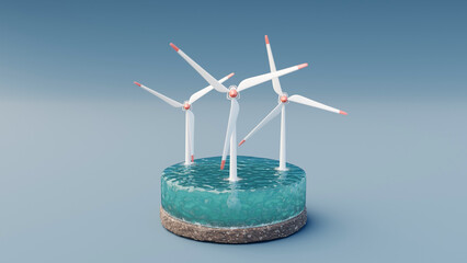 Wind turbines in round piece of blue sea. Renewable clean energy eco concept. 3d illustration.