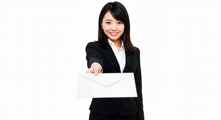 Professional Businesswoman Extends a White Envelope with a Friendly Smile Against a Clean Isolated White Background Concept for Business Transactions and Communication
