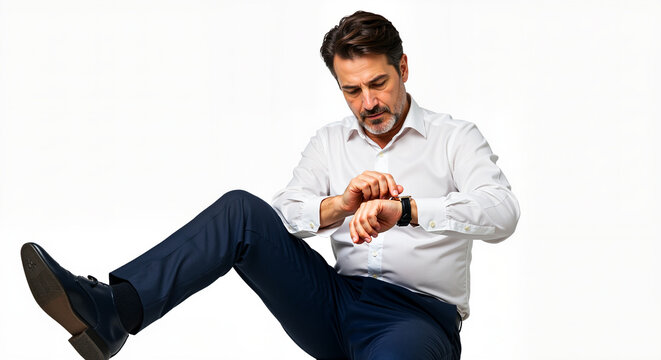 Mature Businessman Checks Smartwatch While Sitting On an Isolated White Background Looking Focused and Professional