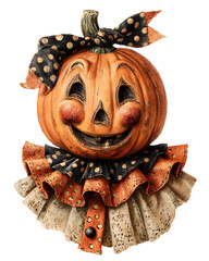 Orange textured vintage pumpkin character isloated on white, showcases a whimsical Halloween vibe. Ideal for seasonal branding, social media, or themed backdrops.