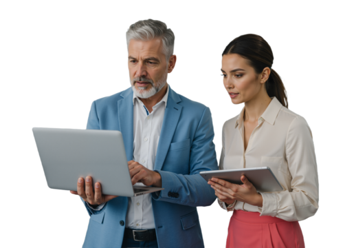 Experienced male manager mentoring a female colleague while discussing a project on a laptop in a modern office