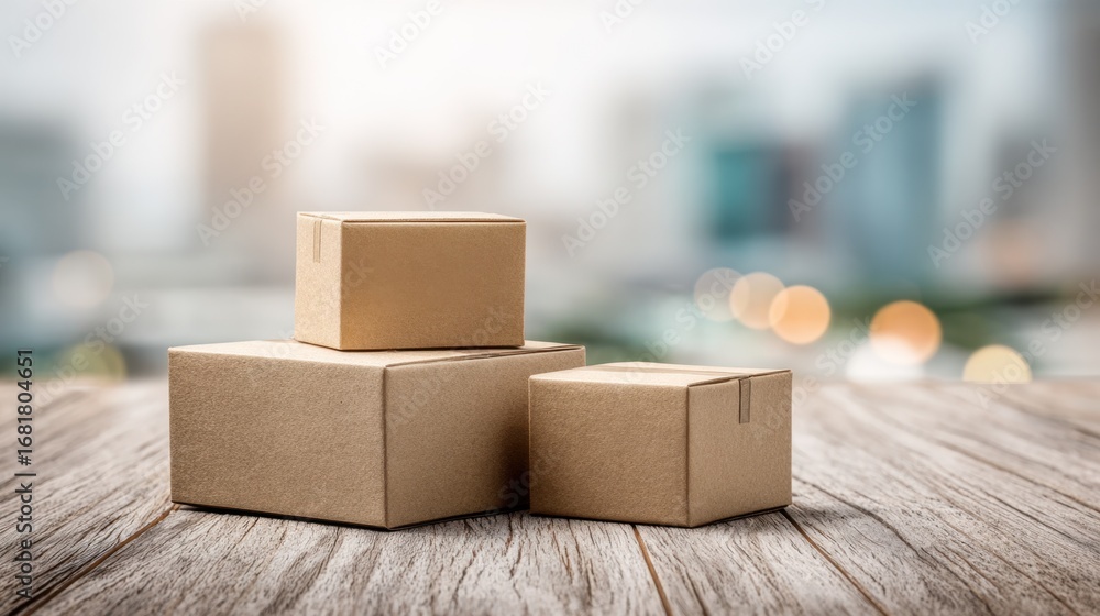 Aufkleber focused image of minimalistic design cardboard boxes on a wooden table with the background subtly ou