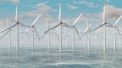 Many wind turbines in blue ocean. Renewable clean energy eco concept. 3d illustration.