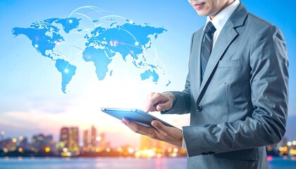 Businessman using tablet, global network