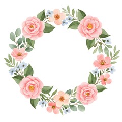 Watercolor floral wreath with pink camellias and blue flowers. A charming spring garden frame for romantic invitations. Isolated botanical design for greeting cards and wedding stationery.