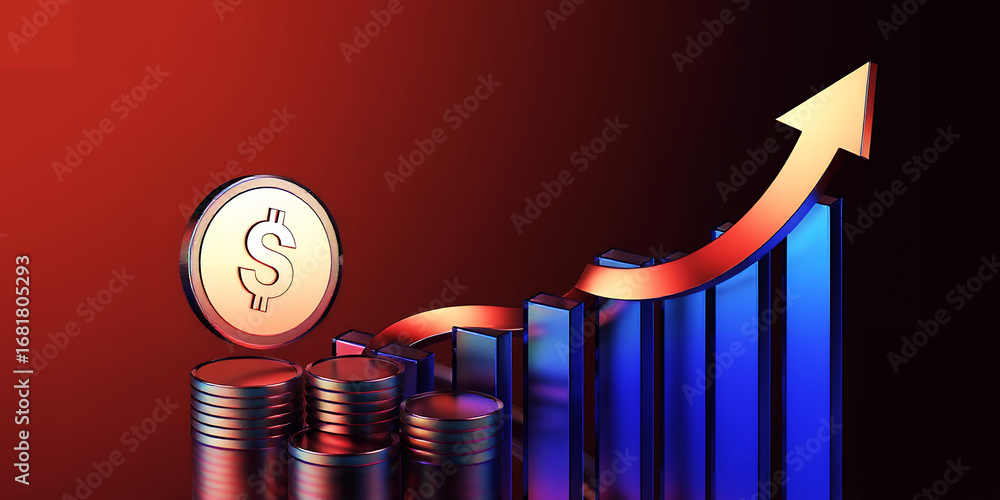 Poster illustration of coins and a rising bar graph with an arrow on a red and black background