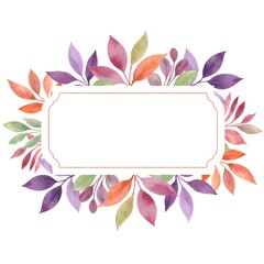 Fototapeta premium Watercolor frame with colorful autumn leaves. An elegant and gentle design for invitations and branding. Isolated botanical border with a vintage label for wedding stationery.