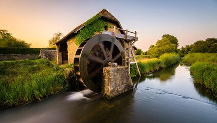 Historic watermill at sunset warm glow