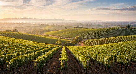 Fototapeta premium Golden Hour Vineyard Vista with Rolling Hills and Morning Mist A Serene Landscape for Wine Lovers and Travel Enthusiasts