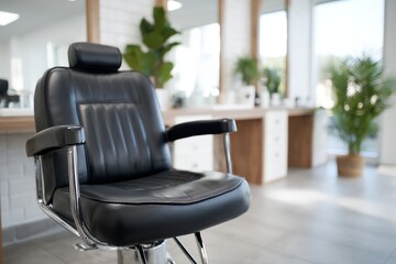 Fototapeta premium Black chair with a headrest is in a salon