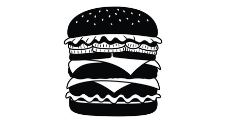 A black and white illustration of a hamburger with multiple layers silhouette
