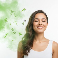 Young woman with long hair enjoying herbal aroma in green smoke