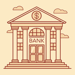 Illustration of a bank building with columns and a dollar sign on a light background