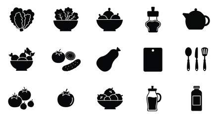 Black silhouettes of various food and kitchen items on white background