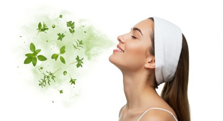 Woman with white headband enjoying herbal aroma spa skincare