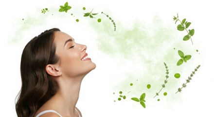 Side profile woman breathing herbal aroma in green smoke spa