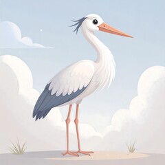 Obraz premium A lovely illustration of a stork, presented against a soft pastel sky with fluffy clouds, showcasing gentle colors and a serene mood.