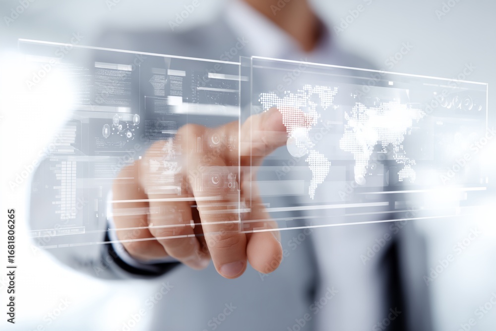 Poster man is pointing at a screen with a red arrow