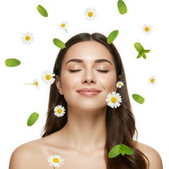 Woman with headband smelling chamomile flowers spa skincare