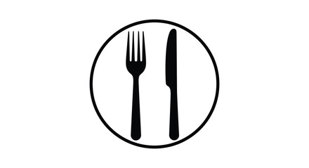 Simple black icon of a plate with fork and knife silhouette