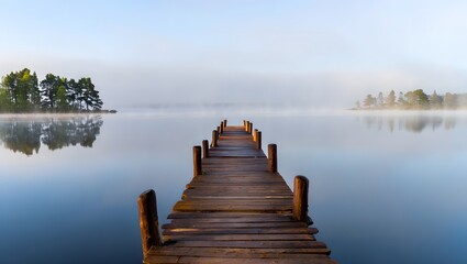 Fototapeta premium Peaceful wooden pier leading to calm lake horizon