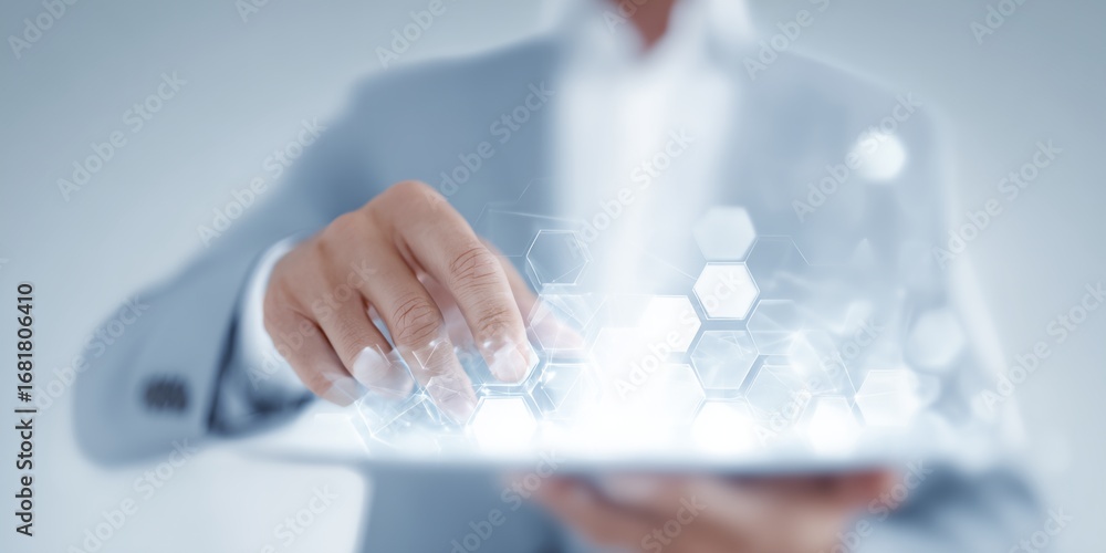 Poster man is holding a tablet and pointing at a screen