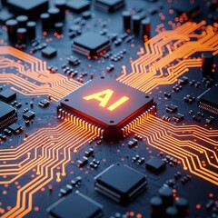 AI Chip Circuit Board Orange Glow Artificial Intelligence Technology
