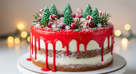 Festive Red Drip Christmas Cake with Evergreen Toppings