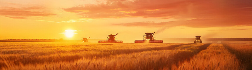 Group of harvesters harvesting ripe wheat field in autumn with sunset. Concept of agriculture, agronomy and crop collection.