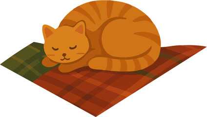 This illustration shows an orange striped cat peacefully sleeping curled up on a red and green plaid blanket.