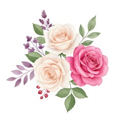 Fototapeta premium A romantic watercolor bouquet of white and pink roses with lavender. A beautiful and classic floral arrangement for celebrations. Isolated botanical illustration for wedding invitations.