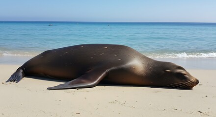 Galapagos Sea Lion Sleeping on a Sandy Beach.