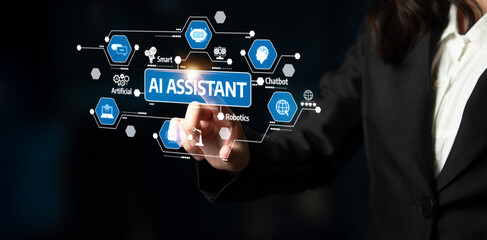 A business professional engages with a virtual AI assistant interface showcasing various digital technology icons, illustrating innovation and modern workspace. Tessel