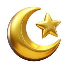Golden crescent moon and star symbol isolated on transparent background