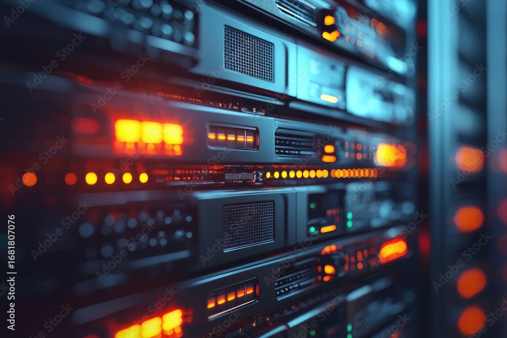 Poster close up of modern data center servers with bright orange led lights, symbolizing cloud computing, s
