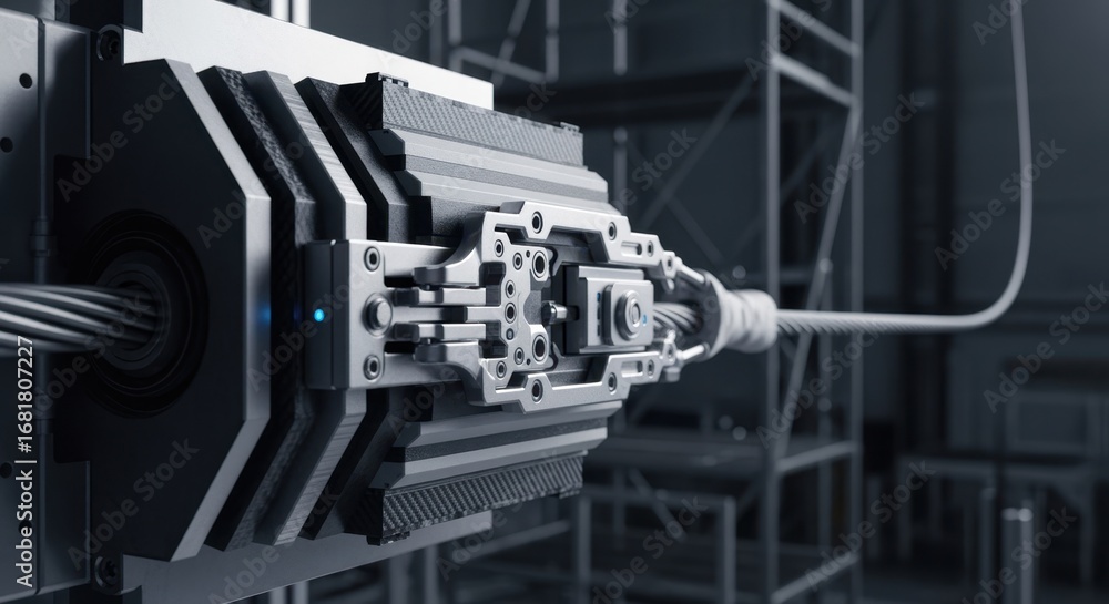 Poster side profile of tether attachment mechanisms on a space elevator test rig displaying layered composi