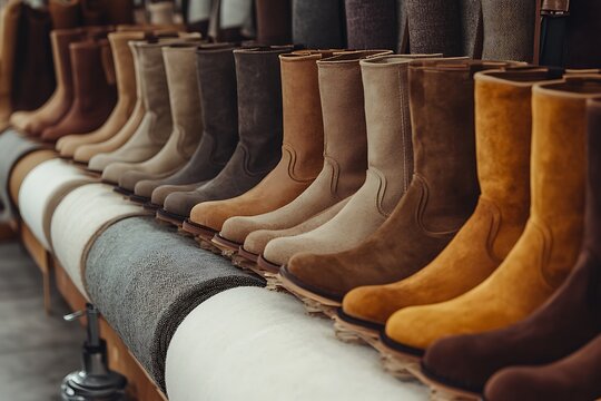 A row of autumn-toned boots from light tan to deep brown placed on fabric rolls and styled for retail background - Powered by Adobe