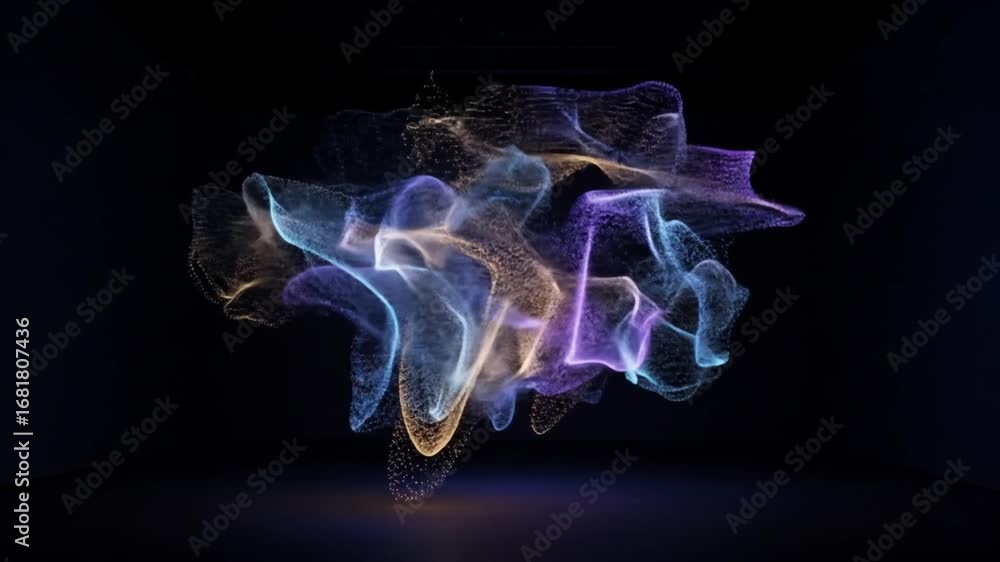 Poster dynamic abstract particle cloud formation with vibrant colors and ethereal glowing effect
