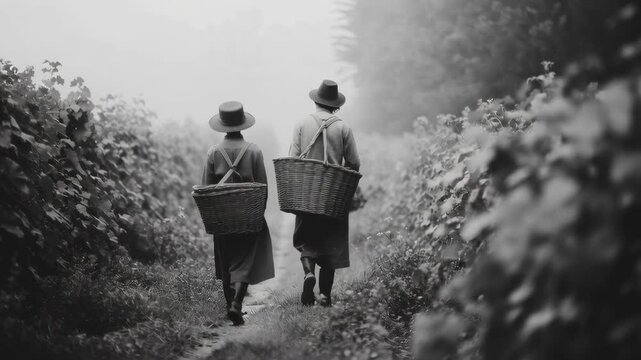 Farmers in vintage clothing walk through misty vineyard rows carrying large wicker baskets for grape harvest.