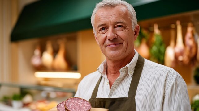 Elderly man smiling while holding salami in a butcher shop   - Powered by Adobe