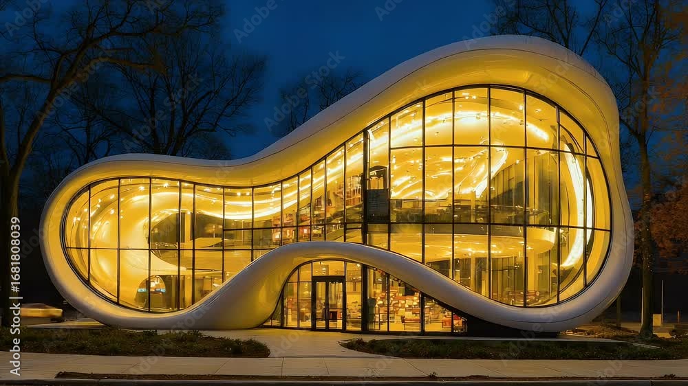 Poster fluid architecture: nighttime glimpse of a curvilinear building