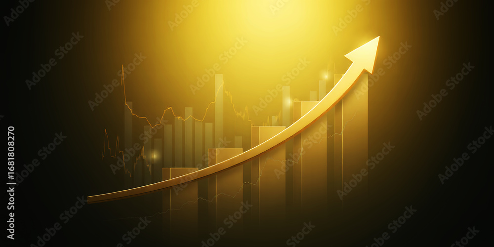 Poster a golden arrow pointing upwards over a bar graph against a dark yellow background