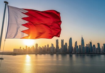 Panoramic shot of Bahrain flag with the Manama skyline at sunset