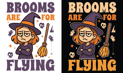 Funny Witch Cartoon Broom Flying Halloween Illustration