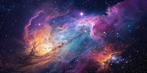 Fototapeta premium Spectacular Nebula and Starfield Illustration Captivating Cosmic Scene of Interstellar Clouds and Sparkling Stars in Deep Space Astronomy Photography