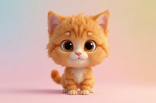 Cute ginger kitten digital art, pastel background, children's book illustration