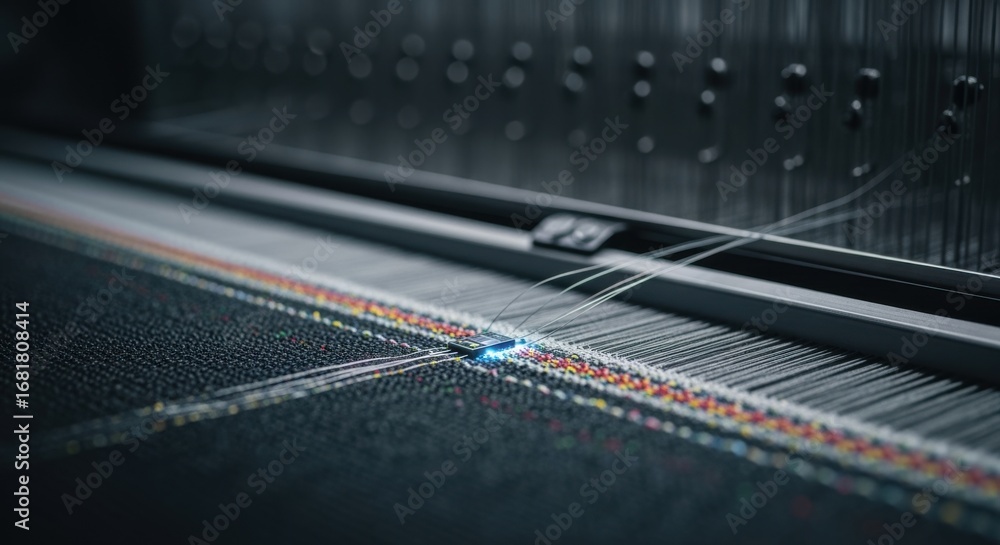 Poster closeup on sensor node integration within textile fibers on an automated loom producing fabric for s