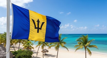 Barbados flag waving over Bay beach, Independence Day 30 November