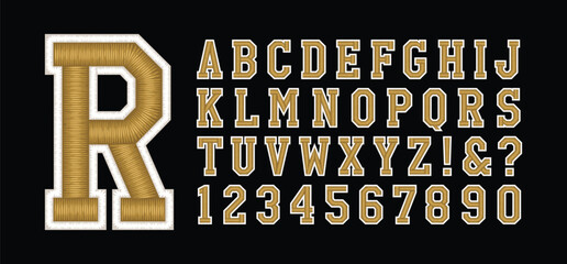 Classic college font. Vintage sport serif font in american style for football, soccer, baseball and basketball. Alphabet and numbers with outline in varsity style
