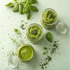 Bright green pesto sauces in glass jars with powdered herb smears on pale green background, top view minimal food composition with vibrant texture and modern culinary aesthetic